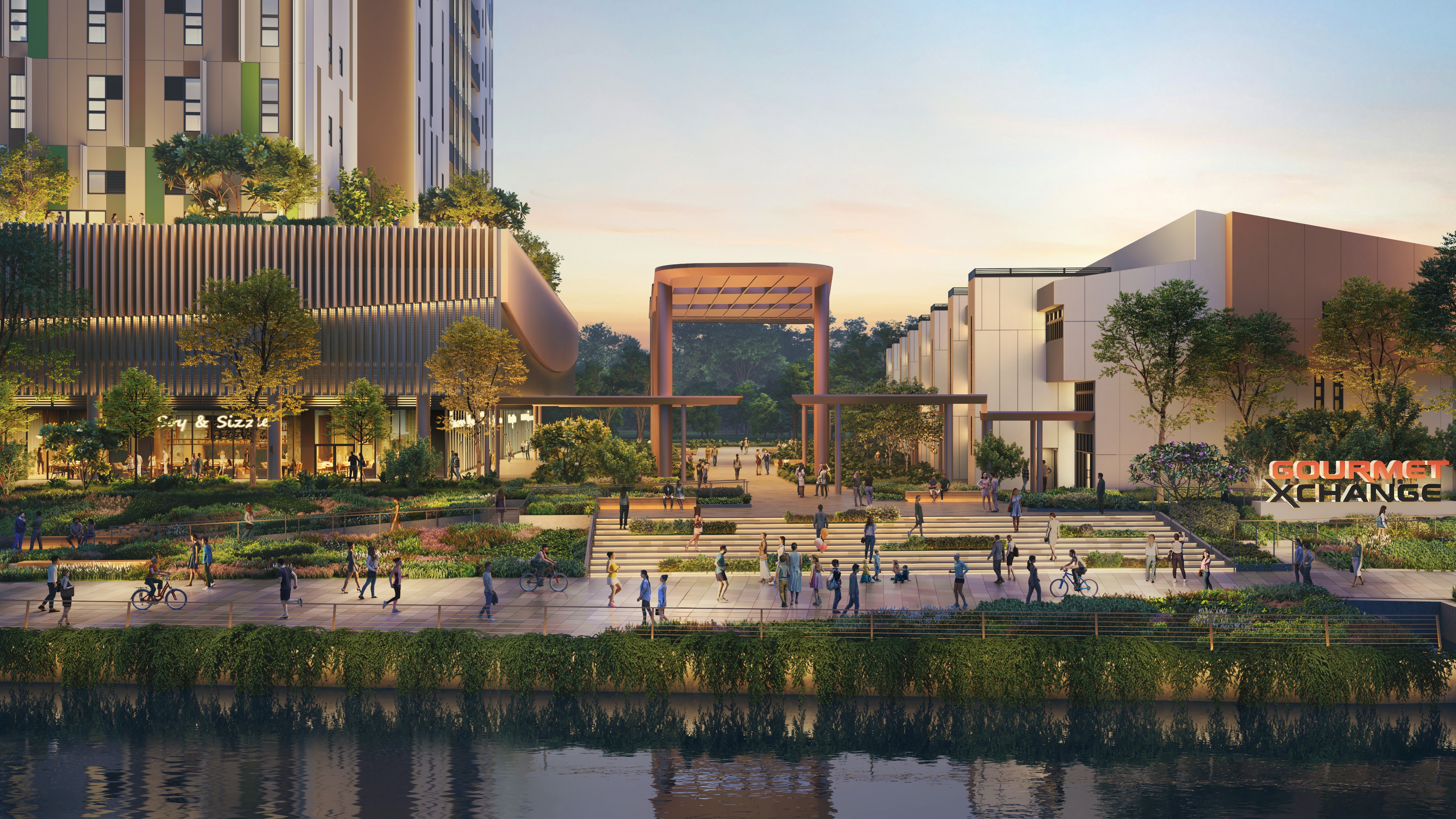 Gourmet Xchange reimagines the traditional food factory, blending production spaces with dining and lifestyle offerings on the waterfront.
