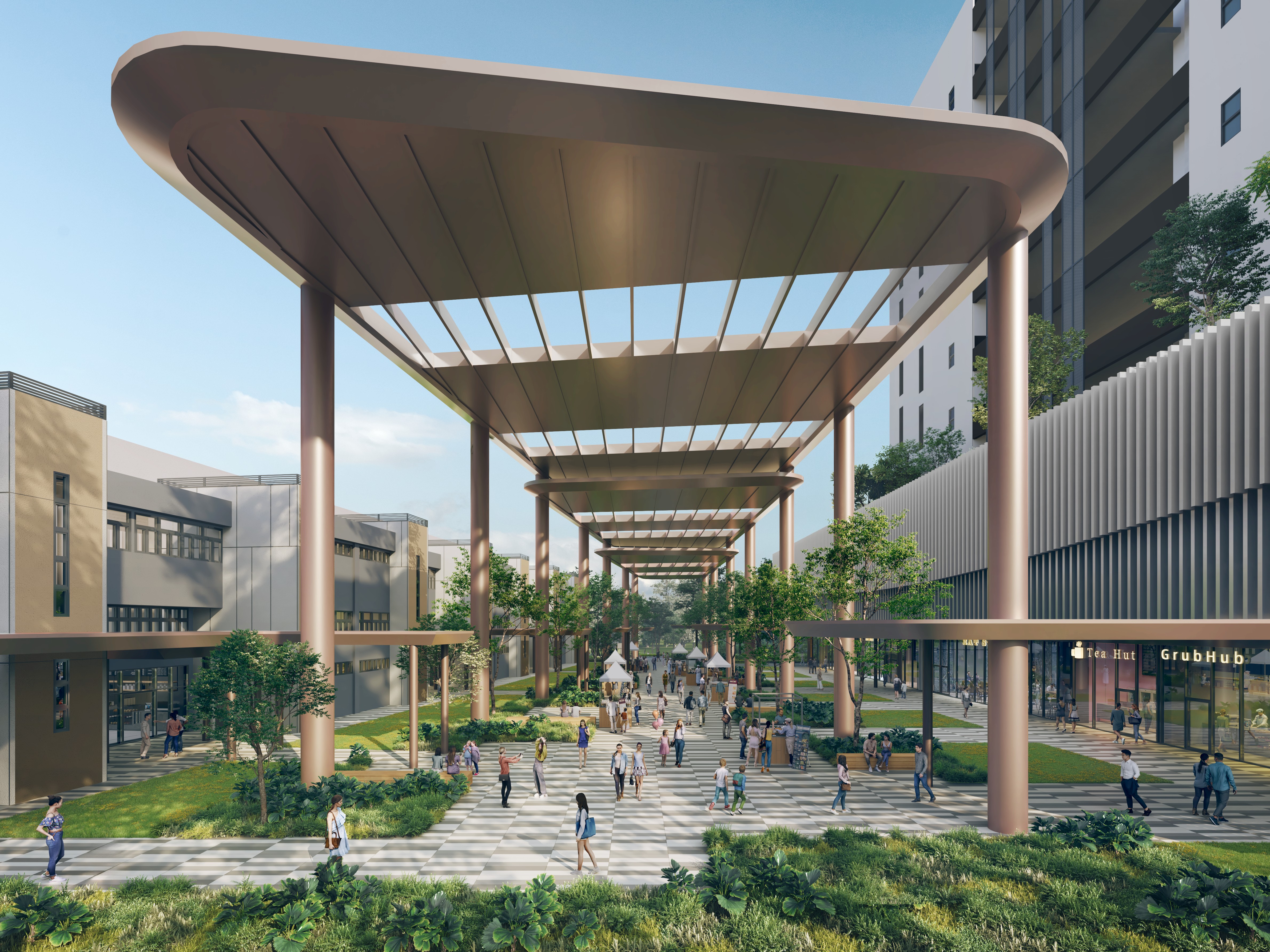 The vibrant central plaza at Gourmet Xchange serves as a community space for socialising, dining and events.