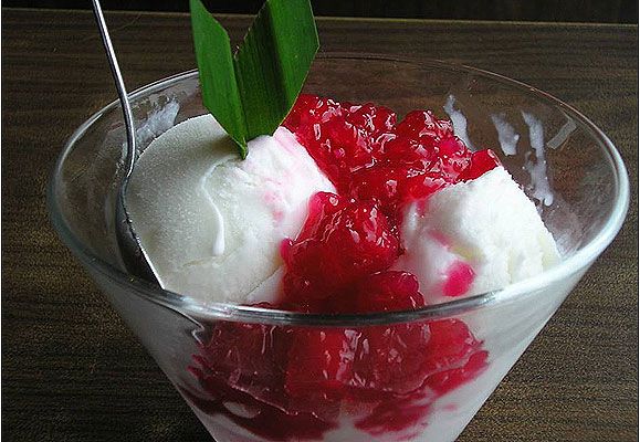 One of Thailand’s most popular desserts, the red ruby like this one from Thai Express, is a delicious mix of tapioca-flour-covered water chestnut, fashioned to look like rubies, chunks in a sweet, coconut milk