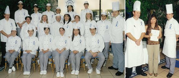 (Left) Ms Leong (second from right, first row) with her Le Cordon Bleu course mates and (Right) with her instructors