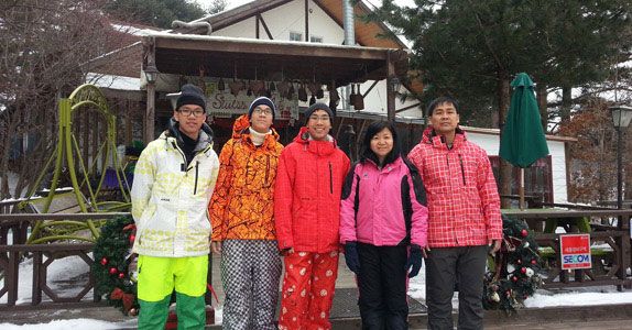 Teresa and family in their funky winter fashion enjoying a vacation in Mount Sorak, Korea in 2013. Sons Benedict, Lucas, Timothy and husband Kong Meng