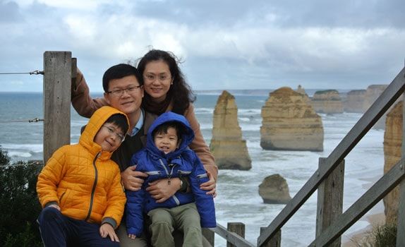 Mr Lim with his wife Joyce and sons, Xiang Jie aged 8 and Xiang Yuan aged 4 on holiday at the Great Ocean Road in Victoria, Australia
