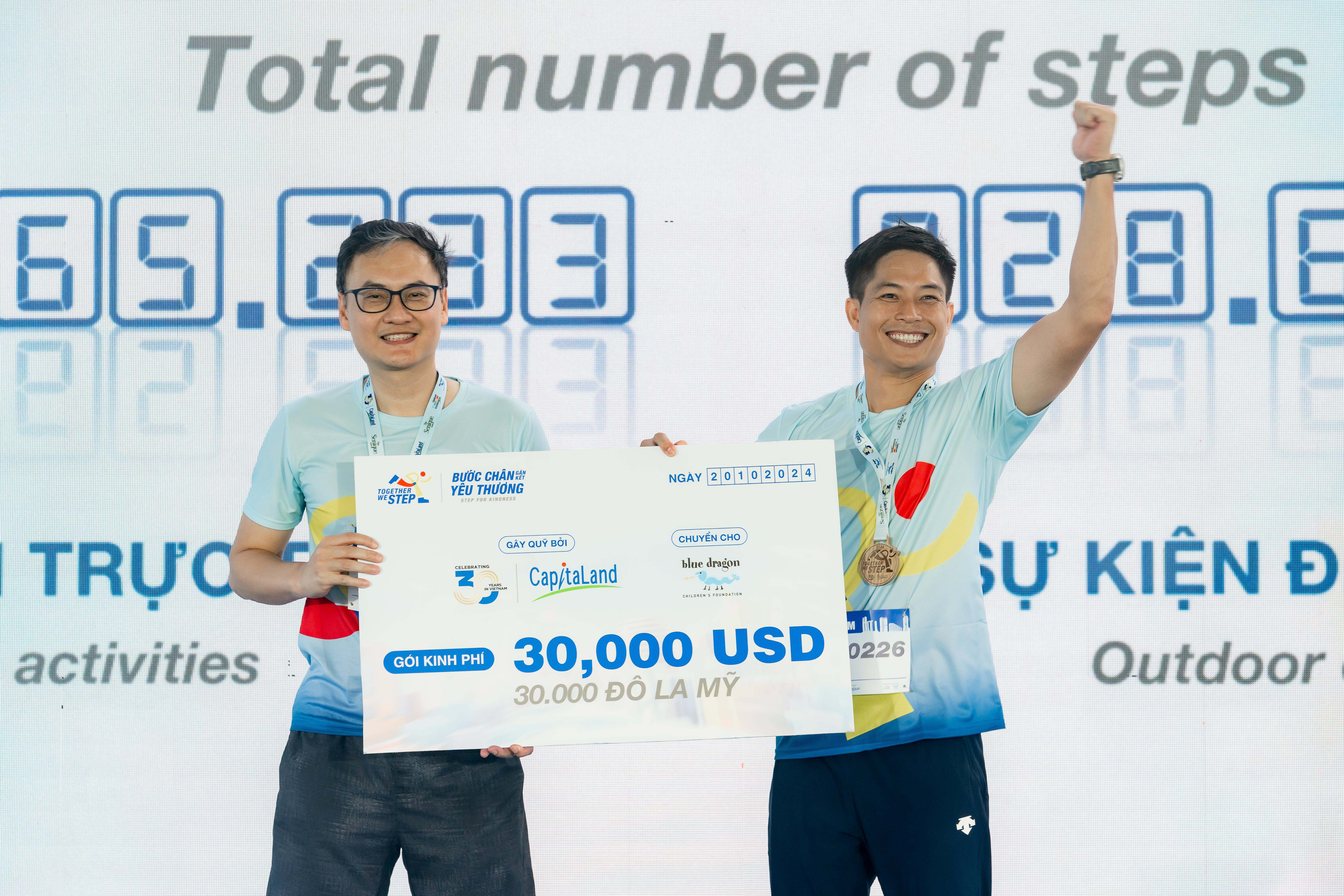 Mr Alwin Low, General Manager of North Vietnam of CLD Vietnam (left) presents US$30,000 donation to Mr Do Duy Vi, Co-CEO of Blue Dragon Children’s Foundation (right)