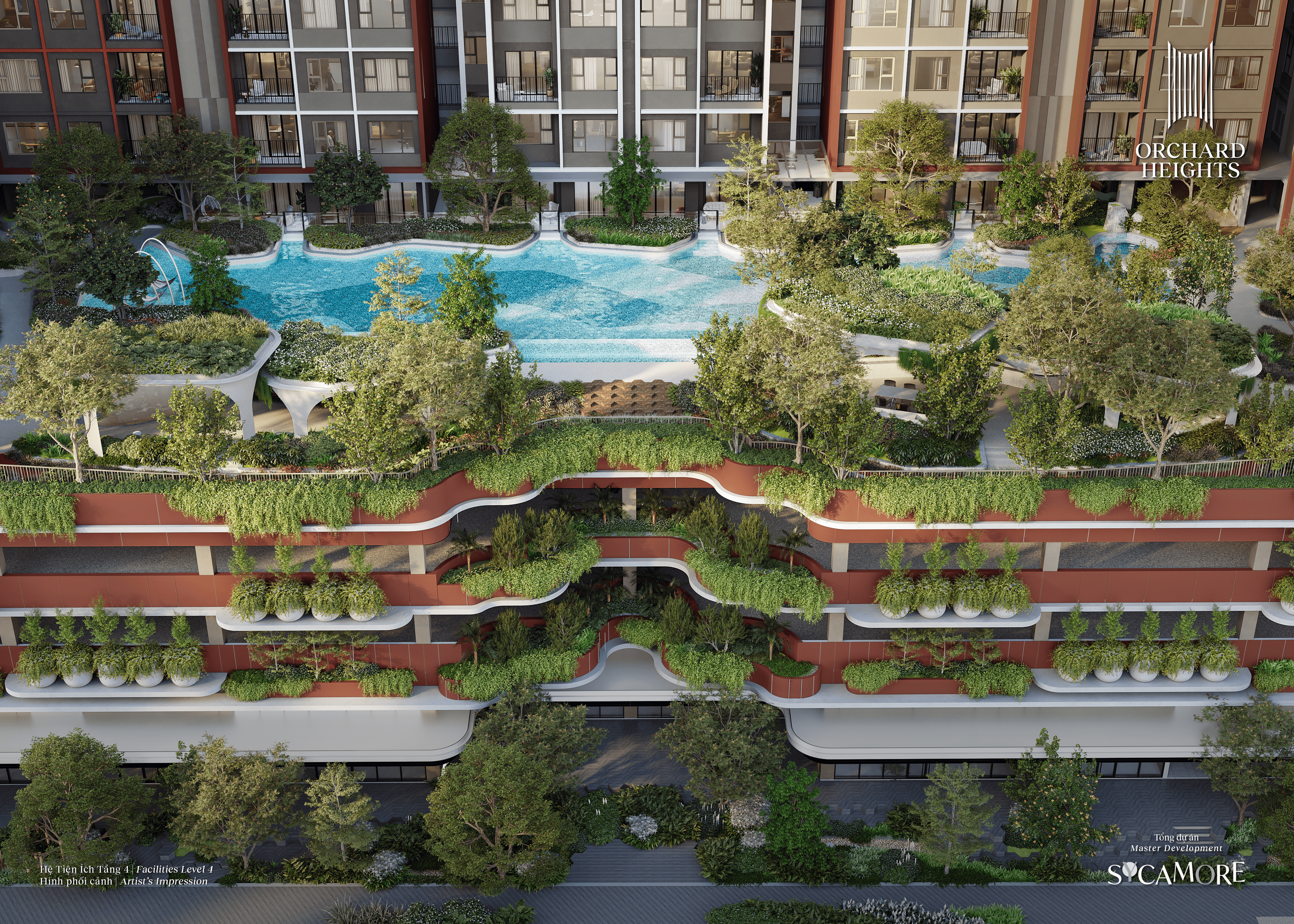 A limited selection of four P.E.S. units feature expansive balconies with direct access to the 50-metre Oasis pool
